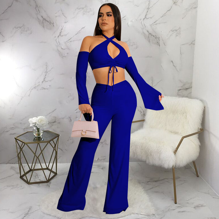 Women Wear Halterneck Long Sleeved Cropped Exposed Blouse Pants Sets