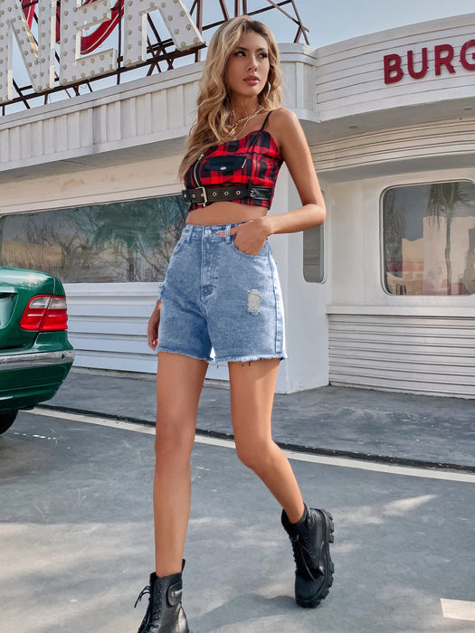 Women Clothing A Line High Waist Slimming Burr Wide Leg Denim Shorts