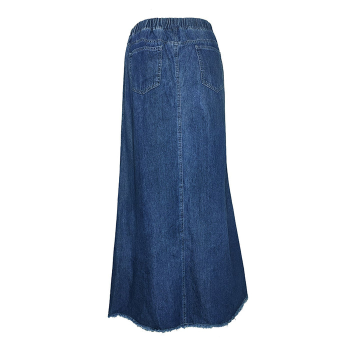 Women pring Summer Denim A Skirt Binding Tape Brushed Elastic High Waist Simple All Match Long Skirt