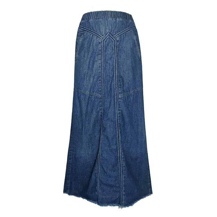 Women pring Summer Denim A Skirt Binding Tape Brushed Elastic High Waist Simple All Match Long Skirt