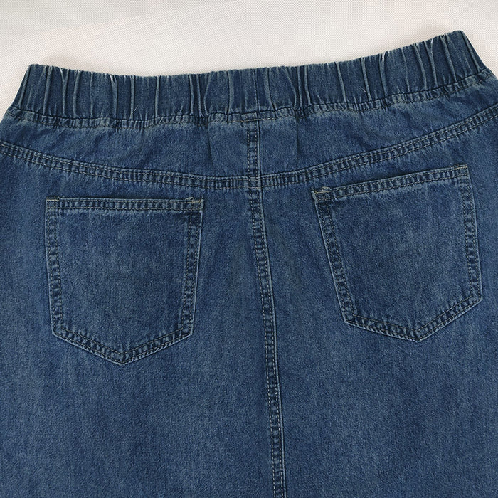 Women pring Summer Denim A Skirt Binding Tape Brushed Elastic High Waist Simple All Match Long Skirt