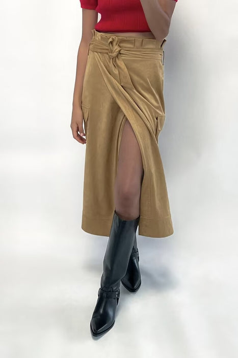 Fall Women Suede Texture Effect Paper Bag Midi Skirt