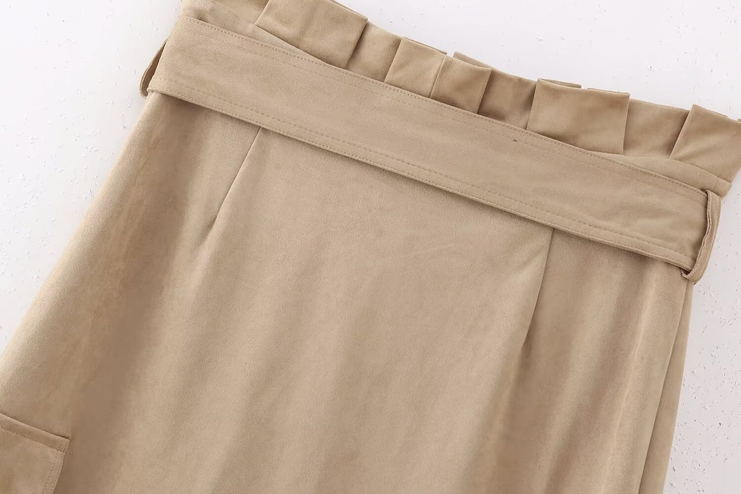 Fall Women Suede Texture Effect Paper Bag Midi Skirt