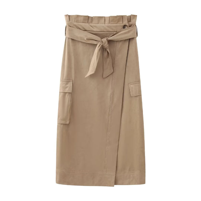 Fall Women Suede Texture Effect Paper Bag Midi Skirt