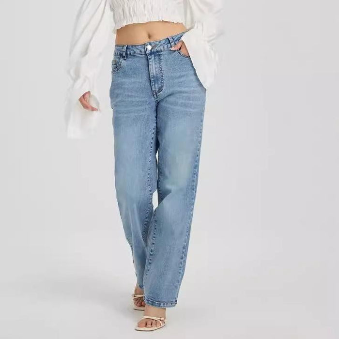 Trendy Micro Elastic Denim Trousers Women Straight Simple High Waist Trousers