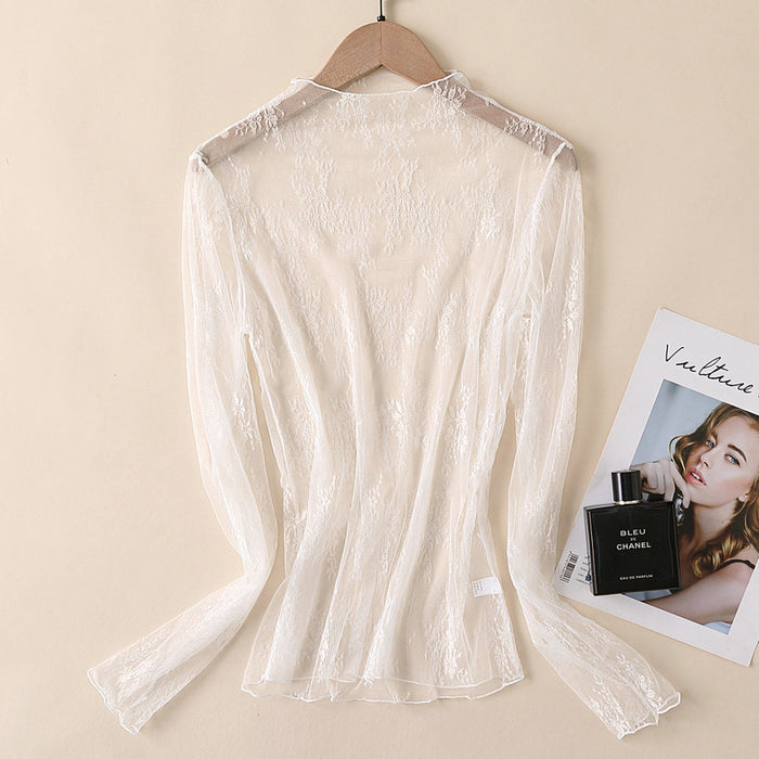 Autumn Winter Lace Bottoming Shirt Women Long Sleeve Half High Collar Inner Match Hollow Out Cutout Out Chiffon Western Sexy Mesh Top