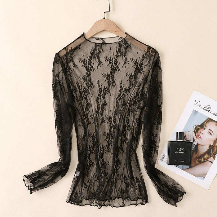 Autumn Winter Lace Bottoming Shirt Women Long Sleeve Half High Collar Inner Match Hollow Out Cutout Out Chiffon Western Sexy Mesh Top