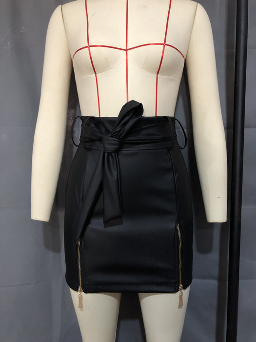 Leather Skirt Faux Leather Sexy Lace up Zipper High Waist Sheath Skirt