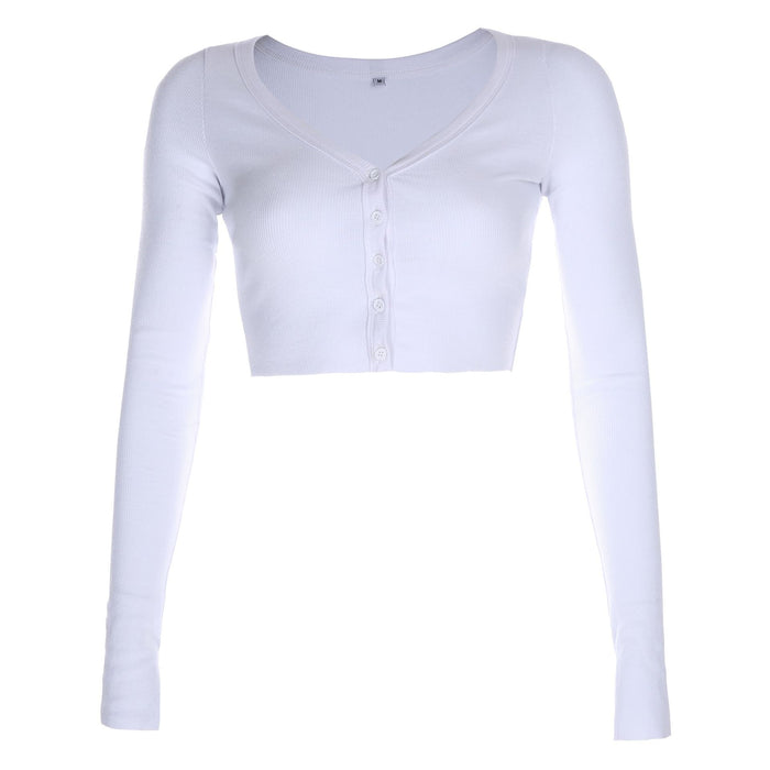 Spring Summer Women Clothing Slimming V Neckline Solid Color Cropped Top Long Sleeve Sweater for Women