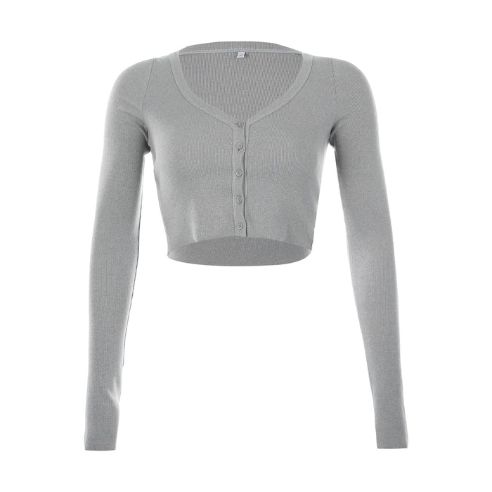 Spring Summer Women Clothing Slimming V Neckline Solid Color Cropped Top Long Sleeve Sweater for Women