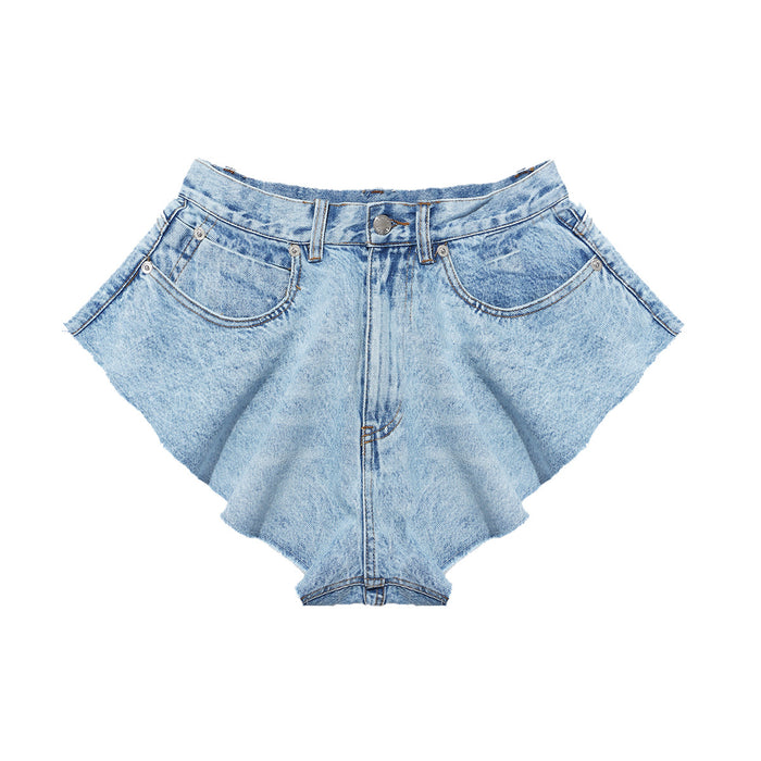 Spring Summer Ruffled Hem Large Wide Leg Denim Shorts Pants Faux Culottes