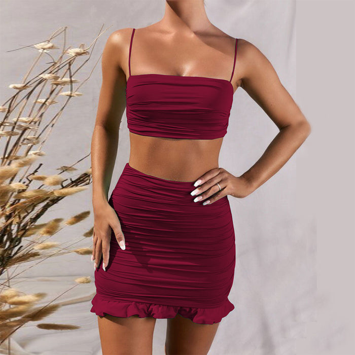 Summer Sexy Sling Vest Pleated Two-piece Set Flounce Peplum Hip-wrapped Dress