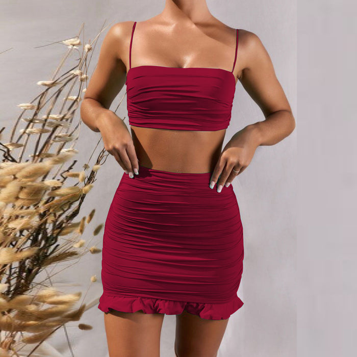 Summer Sexy Sling Vest Pleated Two-piece Set Flounce Peplum Hip-wrapped Dress