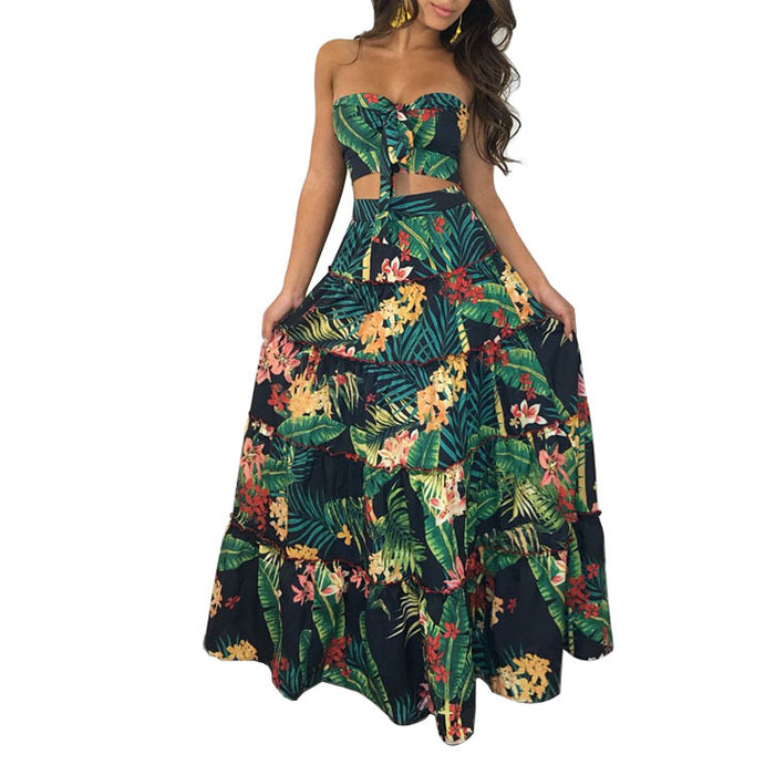 Popular Classic Tropical Leaf Printing Skirt Set Multi Size Wooden Ear Beach Skirt Two Piece Set