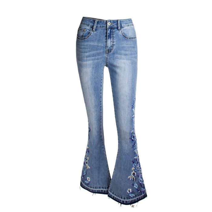 Women Denim Bell-Bottom Pants 3D Machine Embroidery Denim Women Autumn Denim Wide Leg Trousers Plus size