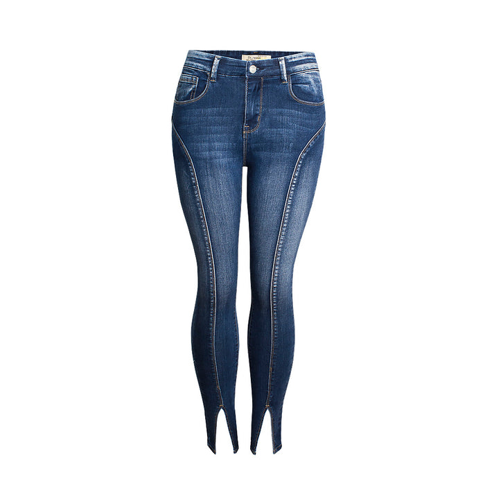 Jeans Mid-Waist Elastic Split Trousers High Quality Washed Cropped Jeans Plus Size