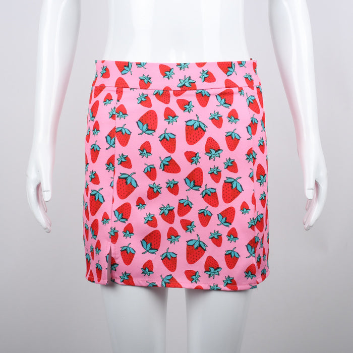 Summer World Bank Cherry Print High Waist Sheath Girl Split Skirt for Women