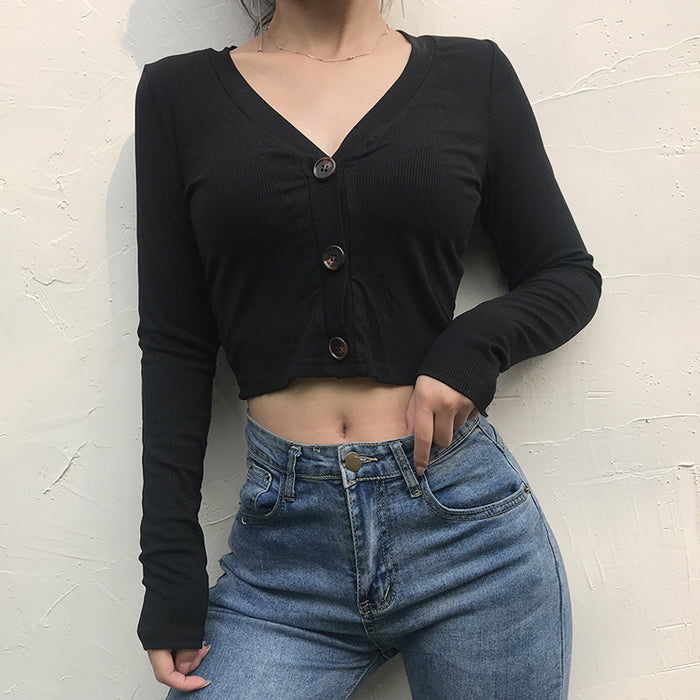 Spring Summer Women Clothing Slimming V Neckline Solid Color Cropped Top Long Sleeve Sweater for Women