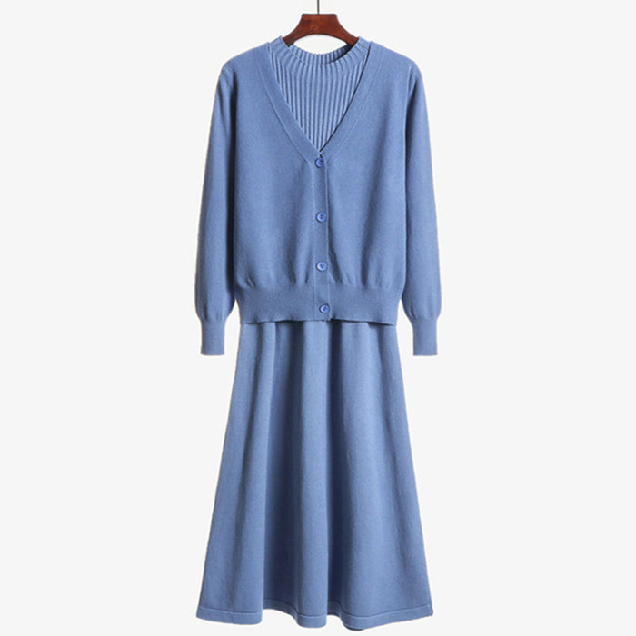 Early Autumn Long Sleeves Dress Sweater Two Piece Set Wool Skirt Loose Knitted Cardigan