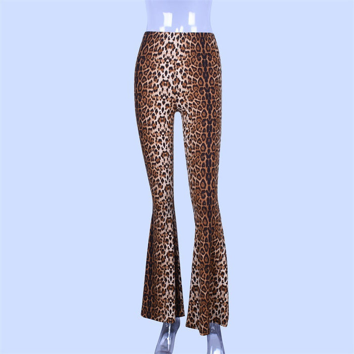 Spring Summer Women Clothing Leopard Print High Waist Base Bell-Bottom Pants