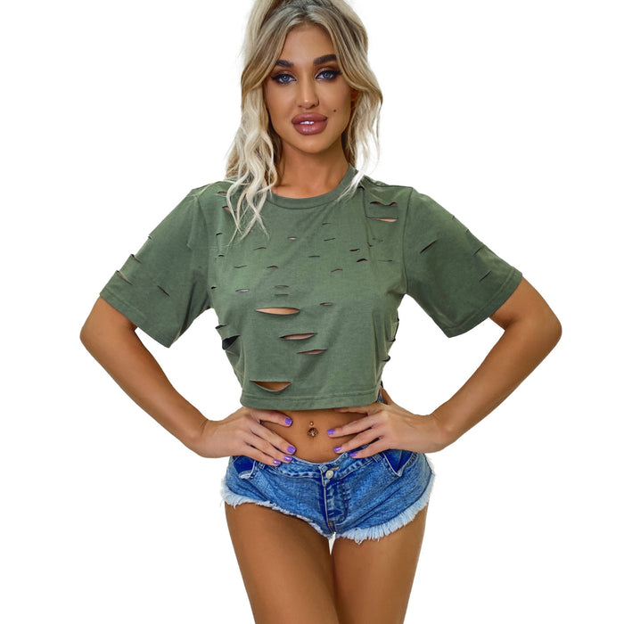 Women Clothing Retro Hollow Out Cutout round Neck Ripped Cropped Cropped T shirt