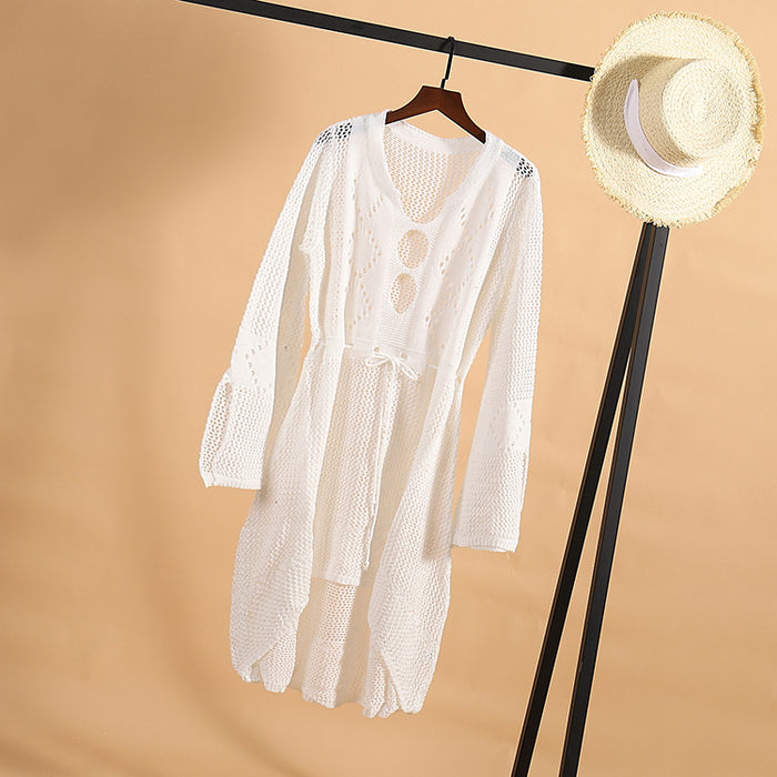 Hollow out Knitted Dress Bell Sleeve Beach Jacket Sexy Beach Cover Up Sun Protection Clothing Swimsuit Outwear