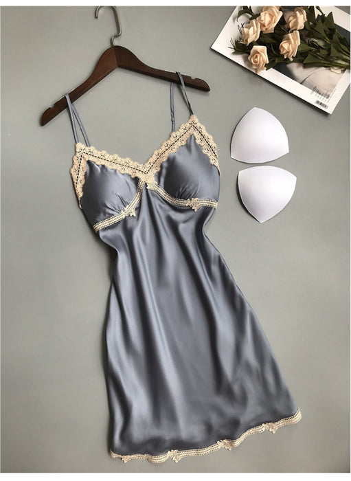 Spring Summer Silk Sexy Lace Backless Pajamas Small Chest Push Up Sling Chest Pad Ice Silk Nightdress Women Autumn