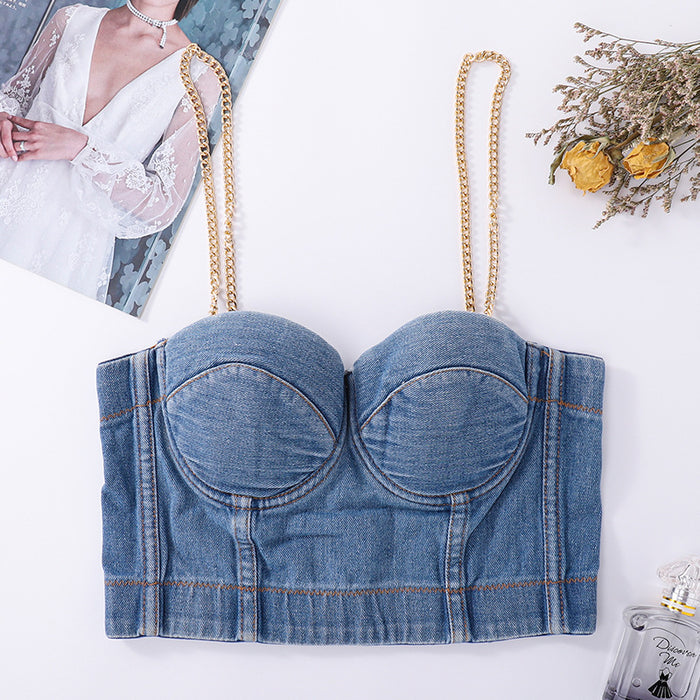 Removable Gold Chain Shoulder Strap Denim Tube Top for Outer Wear Popular Disco Sling for Inner Hip Hop Women Bra