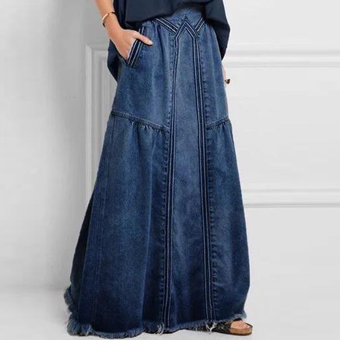 Women pring Summer Denim A Skirt Binding Tape Brushed Elastic High Waist Simple All Match Long Skirt