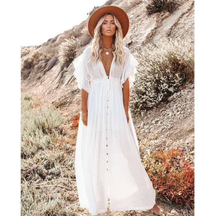 Spot Beach Cover-up Slubbed Fabric Button Draw Waist Strap Maxi Dress Sun Protection Shirt