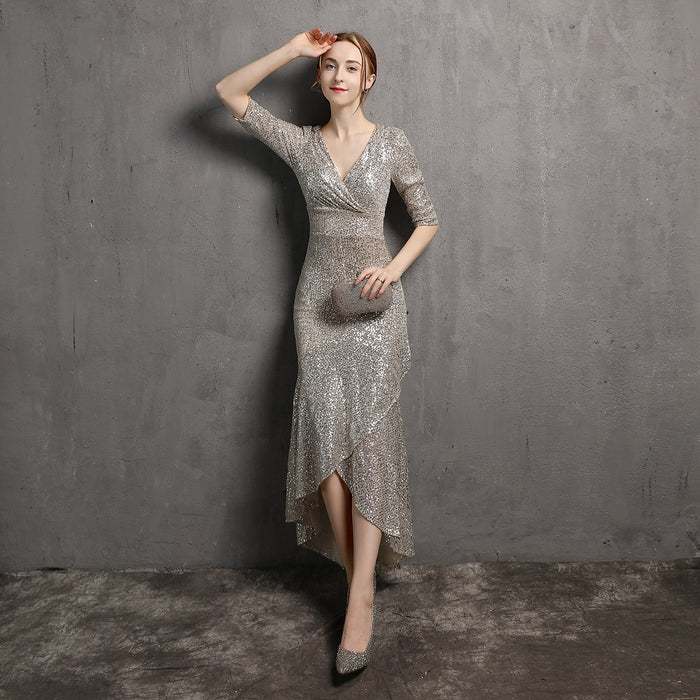 Long Sleeve V-neck Mid-Length Formal Dress Beaded Dress Wedding Banquet Party Dress Formal Gown