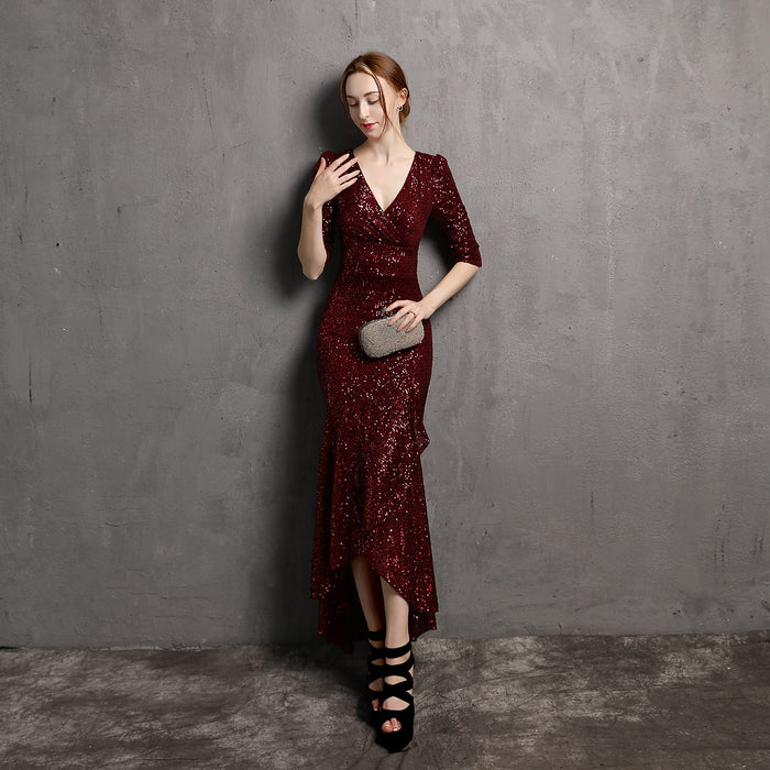 Long Sleeve V-neck Mid-Length Formal Dress Beaded Dress Wedding Banquet Party Dress Formal Gown