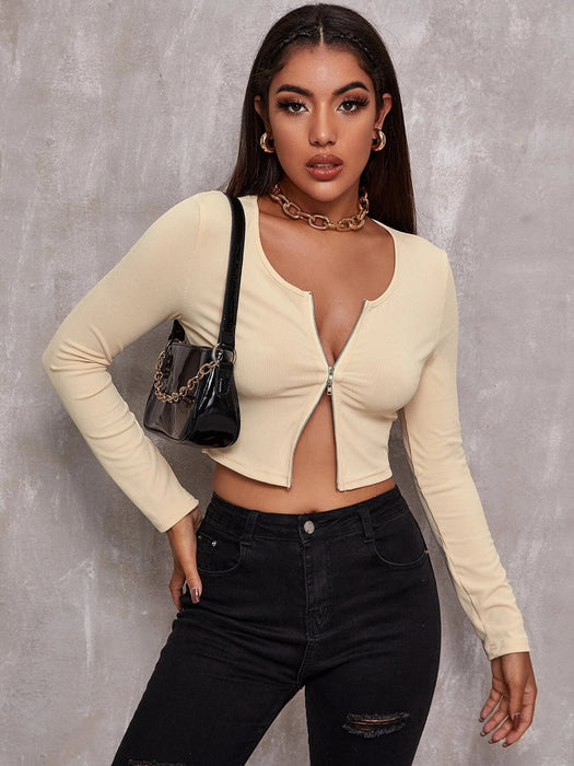 Sexy Top Women Sweater Thin Retro Lapels Double Zipper Long Sleeve High Waist Sweater Short Cardigan