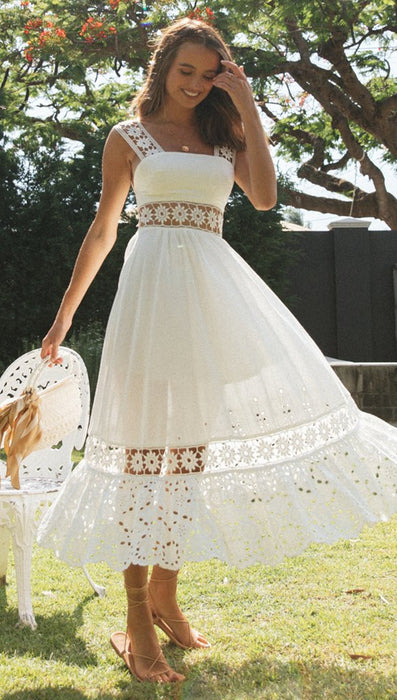 Spring Summer Women Clothing Long Lace Stitching Big Swing Dress