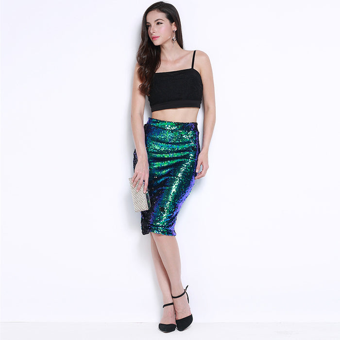 Night Club Full Sequined Sheath Pencil Skirt Sexy Slimming High Waist Skirt