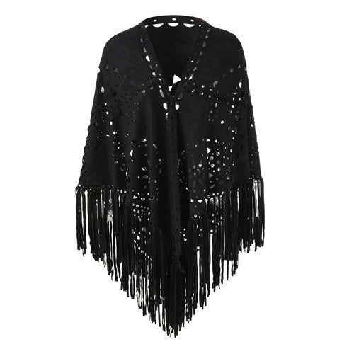 Autumn Winter Warm Shawl Personalized Suede Cloak Robe Hollow Out Cutout Tassel Scarf Women Gift High Sense