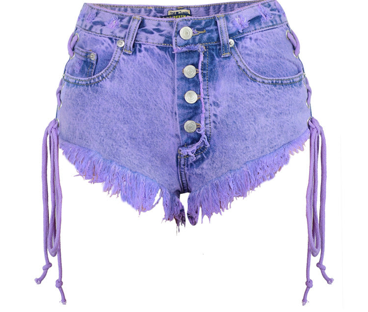 Women Clothing Summer High Waist Breasted Worn Double Sided Strap Women Macaron Purple Denim Pants