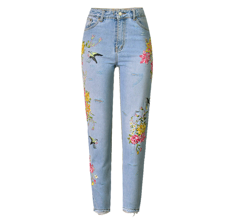 Women Clothing Bird Floral Front Rear Embroidered High Waist Straight Irregular Asymmetric Worn Jeans