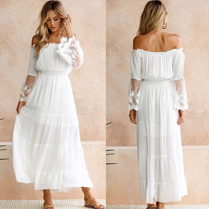 Popular Sexy off-Neck Lace Patchwork Flared Sleeves Dress Maxi Dress