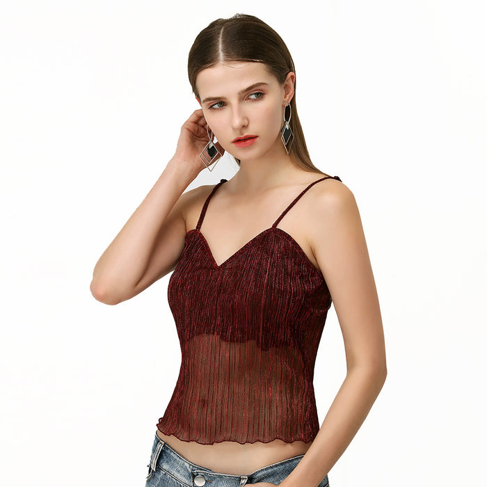 Sexy Nightclub Camisole Pleated See-through Cropped Tank Top Sling