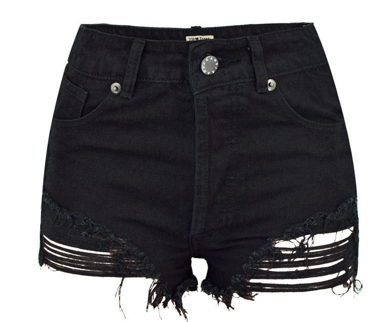 Women Clothing High Waist Irregular Asymmetric Worn Tassel Pure Black Denim Shorts Street Punk Women Clothing