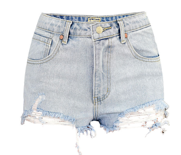 Women Clothing High Waist Slim Fit Slimming Washed Vest Worn Out Tassel Street Trend Mixed Denim Shorts