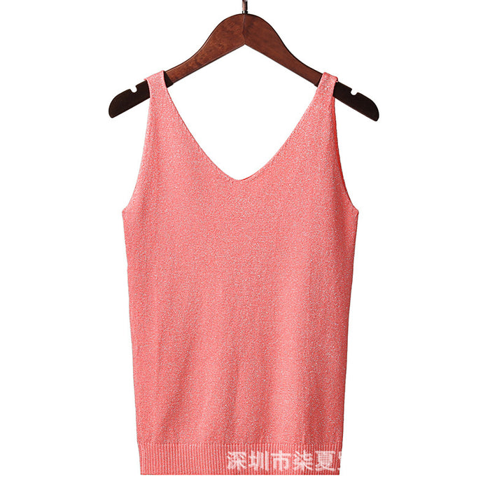 Camisole Women Summer Korean Sexy V neck Slim Fit Fil Lumiere Weave Vest Sleeveless T shirt Bottoming Shirt Top