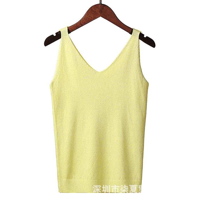 Camisole Women Summer Korean Sexy V neck Slim Fit Fil Lumiere Weave Vest Sleeveless T shirt Bottoming Shirt Top