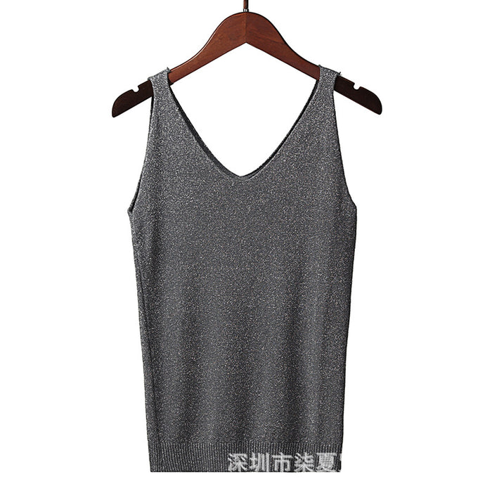 Camisole Women Summer Korean Sexy V neck Slim Fit Fil Lumiere Weave Vest Sleeveless T shirt Bottoming Shirt Top