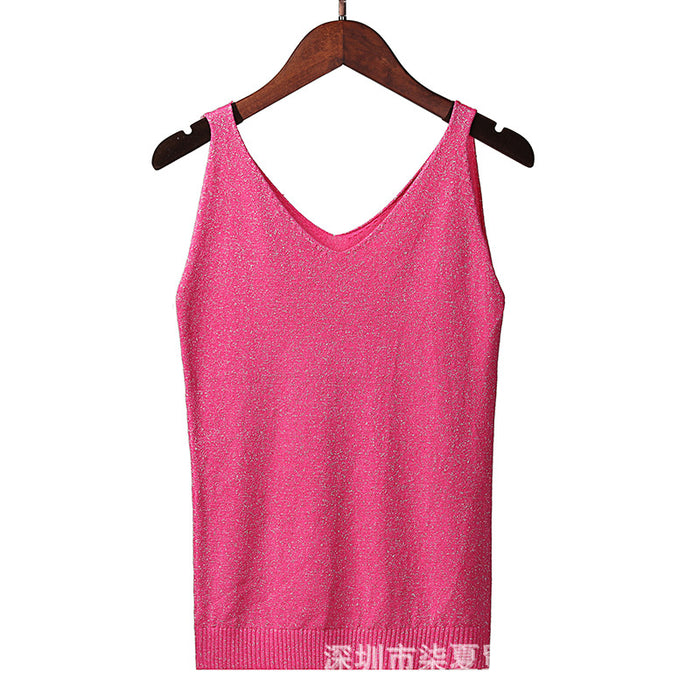 Camisole Women Summer Korean Sexy V neck Slim Fit Fil Lumiere Weave Vest Sleeveless T shirt Bottoming Shirt Top