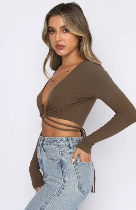 Long-Sleeved Sweater Early Spring Deep V Plunge Plunge Strap Sexy Blouse Top