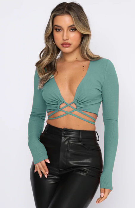 Long-Sleeved Sweater Early Spring Deep V Plunge Plunge Strap Sexy Blouse Top