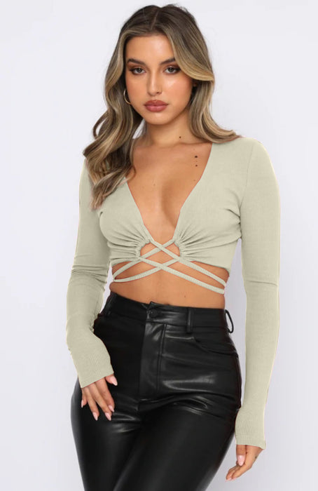 Long-Sleeved Sweater Early Spring Deep V Plunge Plunge Strap Sexy Blouse Top