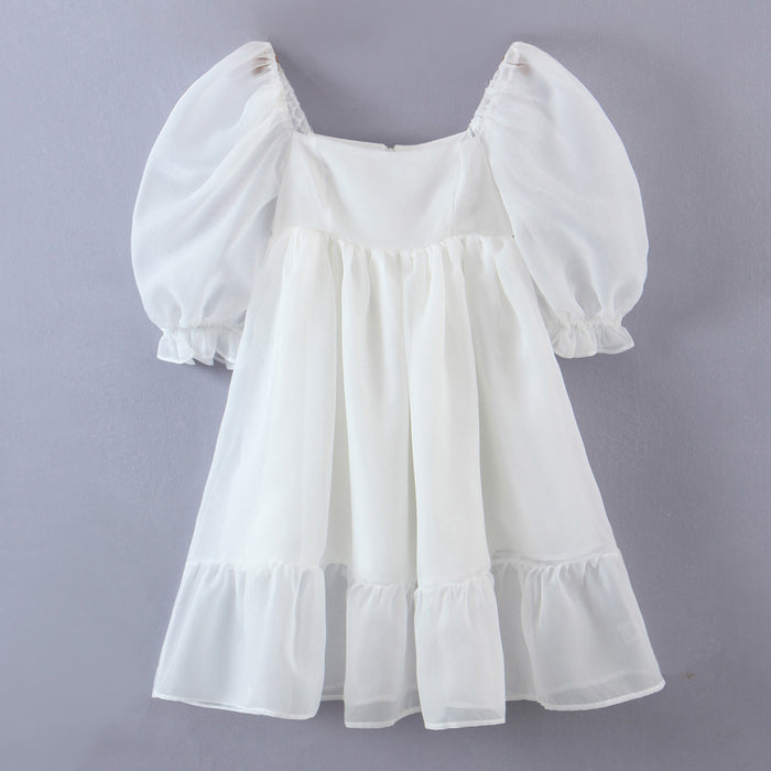 Women White Gauzy off-the-Shoulder Puff Sleeve Dress Princess Dress